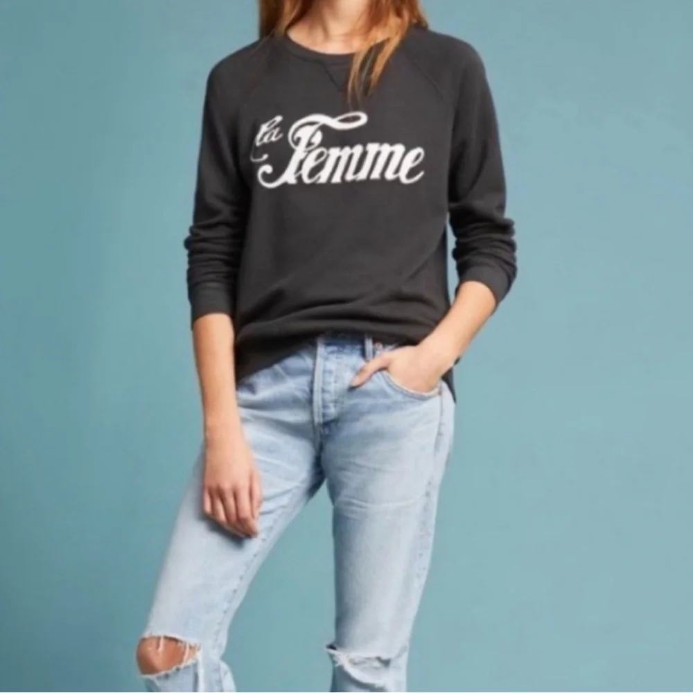 Anthropologie Sol Angeles La Femme Script Charcoal Grey Crewneck Sweatshirt XL - Picture 3 of 7